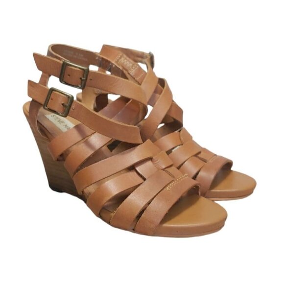 STEVE MADDEN Tan Venis Strappy Leather Wedge Sandals - Picture 3 of 10